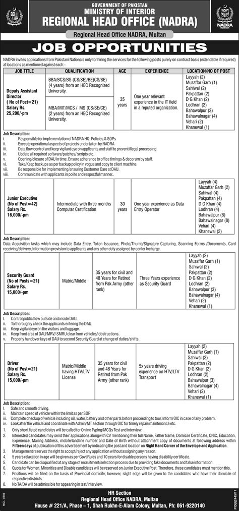 Nadra Regional Head Office Multan Jobs Job Advertisement Pakistan