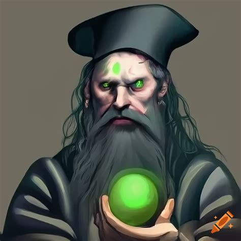 Wizard With Green Eyes Black Long Beard And Robe Holding A Magic Ball