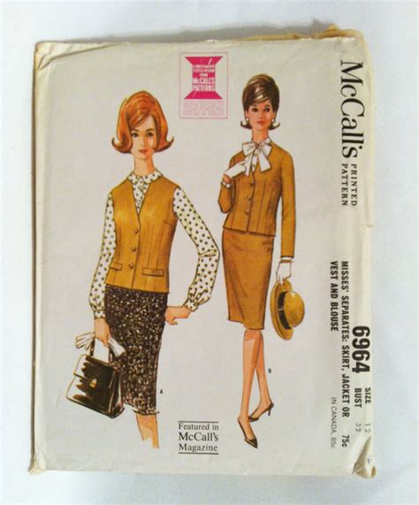 Vintage 1960s Suit Skirt Vest Pattern With Pussy Bow Blouse McCall S