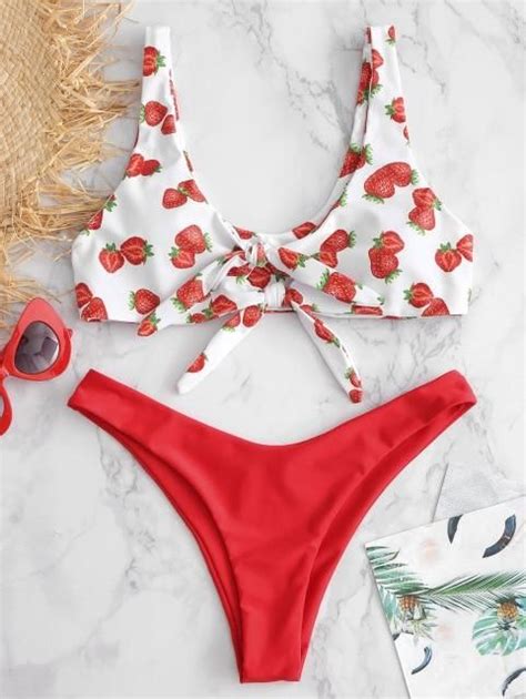 Strawberry Print Red And White Knot Front Two Piece Bikini Set