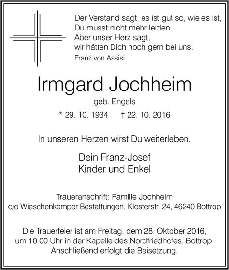 Traueranzeigen Von Irmgard Jochheim Trauer In Nrw De