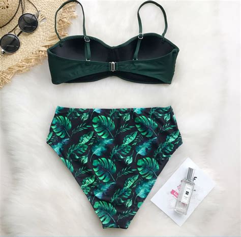 Green Leafy Print Bikini Set Women Heart Neck Push Up High Waisted On Luulla