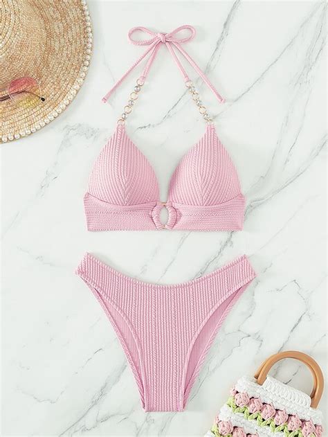 Conjunto De Biqu Ni Mono Corrente Ligada Cabresto Suti Push Up Bikini Mai De Pe As Shein