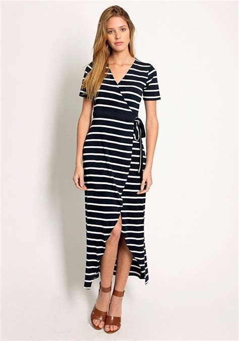 Navy Striped Wrap Maxi Dress With Dipped Hem Short Sleeves And Self