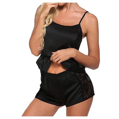 Ensemble Caraco et Shorty Femmes Sexy Lingerie Vêtements de nuit Satin Silk Babydoll Lace Up