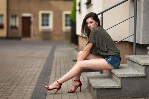 Dagmara Podolak Bokeh Side Brunette Girl Sitting Legs Stilettos