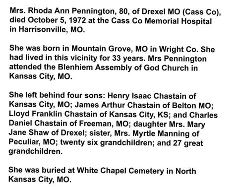 Rhoda Ann Hill Chastain Pennington 1892 1972 Find A Grave Memorial