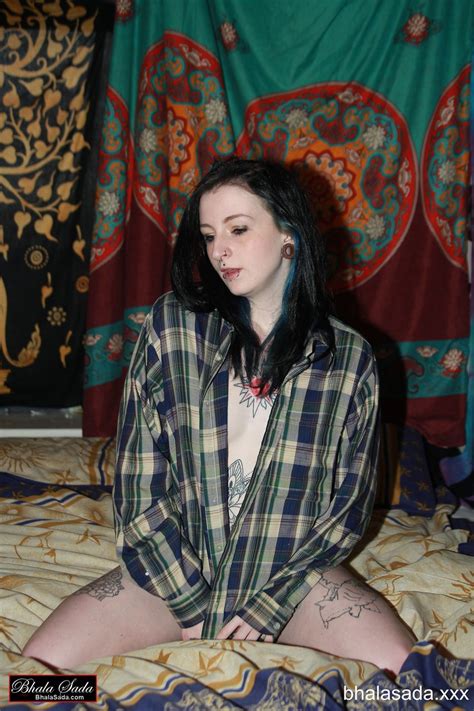 Tattooed Brunette Chick Posing Just In A Long Plaid Shirt 15 Photos