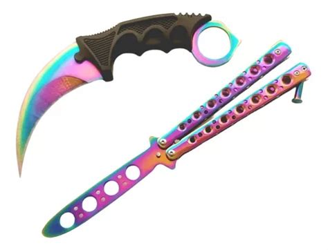 Cuchillo Karambit Y Navaja Mariposa Sin Filo Tornasolado