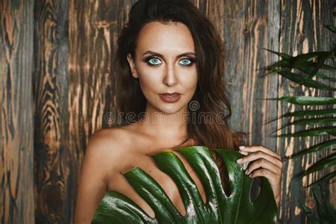 Portrait Of Naked And Brunette Girl With Amazing Blue Eyes Stock Photo Image Of Horizontal