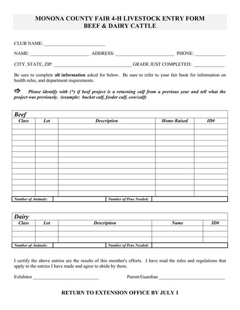 MONONA COUNTY FAIR 4-H LIVESTOCK ENTRY FORM BEEF & DAIRY CATTLE