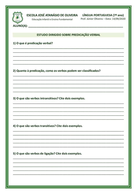 Tipos De Predicado Exercícios 7 Ano