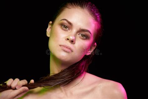 Portrait Of A Woman Hairstyle Fashion Naked Shoulders Makeup Studio Lifestyle Stock Photo