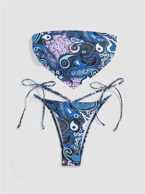 Boho Paisley Bandeau Thong Bikini Set Cider