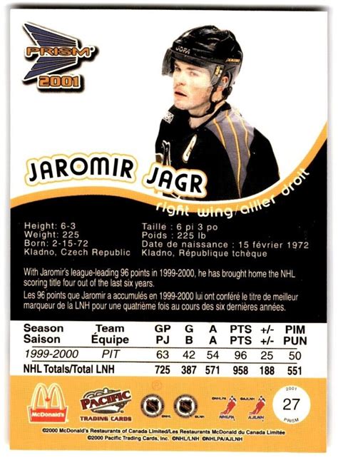 Pacific Mcdonald S Jaromir Jagr Pittsburgh Penguins Ebay