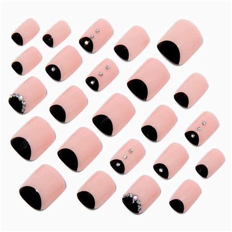 Black Nude Bling Short Square Vegan Faux Nail Set Pack Claire S
