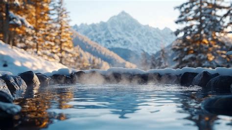 Tranquil Hot Spring Pool In A Snowy Mountain Landscape Premium AI Generated Image