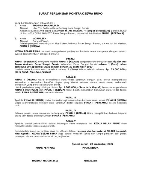 Surat Perjanjian Kontrak Sewa Ruko Pdf
