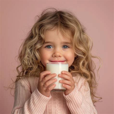 Closeup Portrait Of Happy Smiling Blonde Girl Holding A Glass Full Of Milk Pink Background
