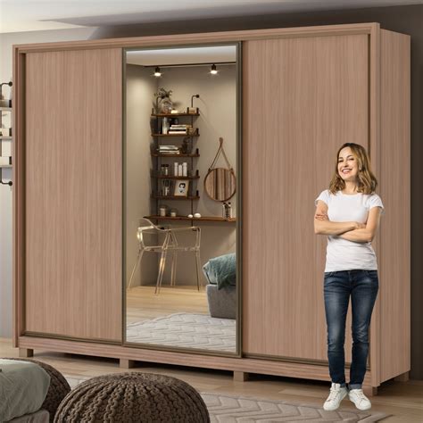 Guarda Roupa Casal Barato - Guarda Roupa Casal com Espelho 3 Portas de Correr 6 Gavetas e Pés 270 ...