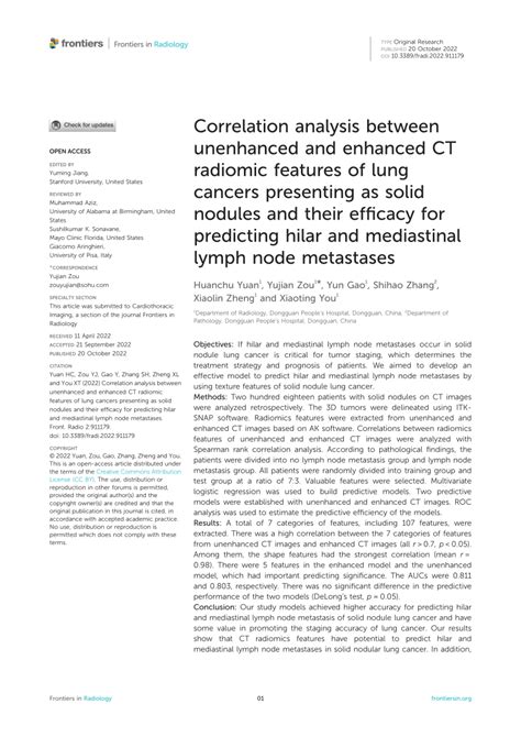 Pdf Correlation Analysis Between Unenhanced And Enhanced Ct Radiomic