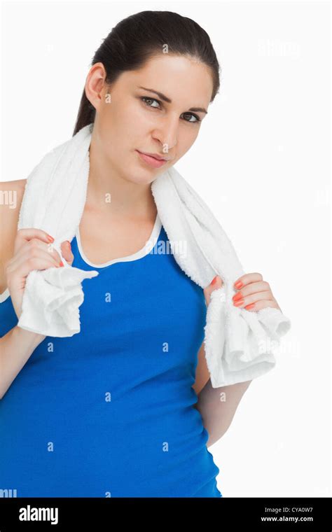 Brunette Woman In Sportswear With A Towel Stock Photo Alamy