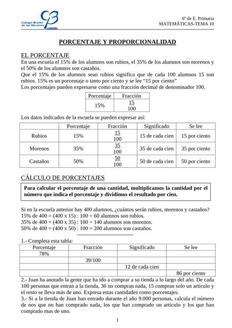 Pdf Porcentaje Y Proporcionalidad Clarionweb Esclarionweb Es