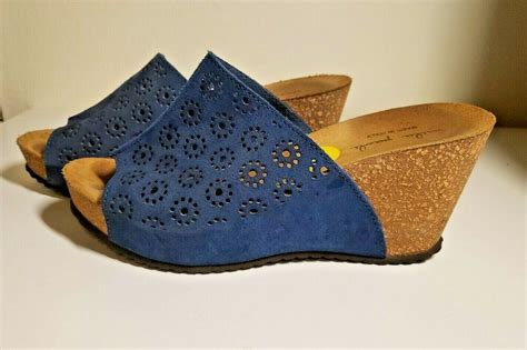 Mila Paoli Blue Suede Leather Cork Wedge Slide Sandals Shoes Size 9