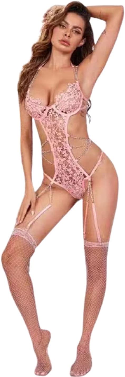 Bmrs One Piece Sexy Lingerie For Women Foral Lace Bodysuit Chain Lingerie Set With Stocking Pink