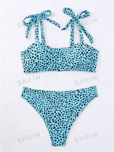 SHEIN Swim Conjunto de Maiô Bikini Alça de Laço Estampa Dálmata para Praia de Verão Maiô