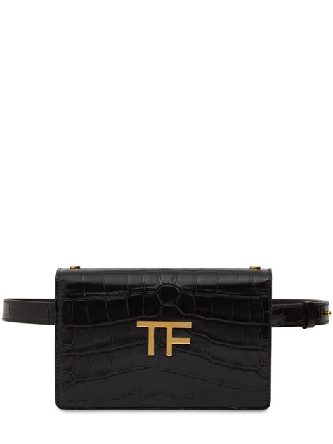 Tom Ford Mini Shiny Croc Embossed Convertible Belt Bag In Black Modesens