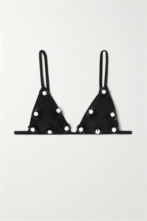 PatBO Flower Embellished Triangle Bikini Top Black Editorialist