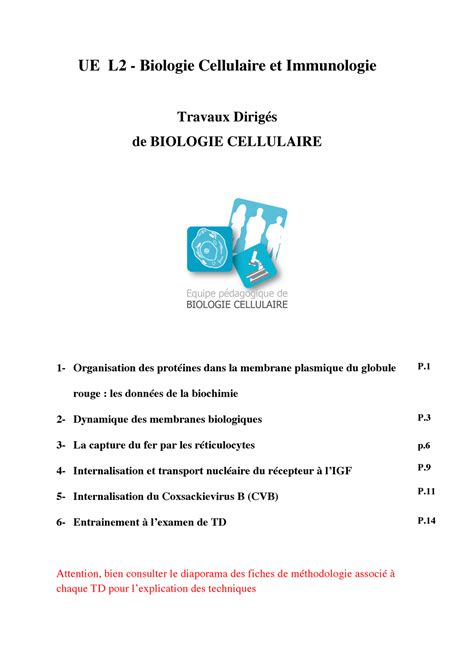 Fascicule TD BCI Bio Cell 2023 UE L2 Biologie Cellulaire Et