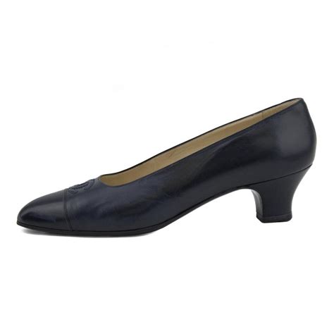 Chanel late 1980s Navy Blue Leather Logo Kitten Heels at 1stDibs | navy