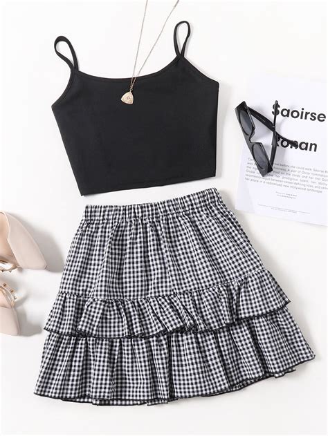 Crop Cami Top And Gingham Ruffle Skirt Set Cute Dress Outfits Really