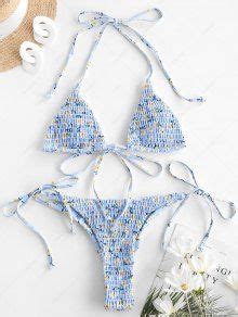ZAFUL Ditsy Print Smocked String Bikini Swimwear In LIGHT BLUE ZAFUL 2025