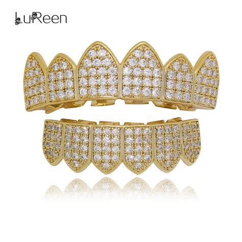 Lureen Gold Teeth Grillz Top Bottom Hip Hop Grills Dental Iced Out Cz