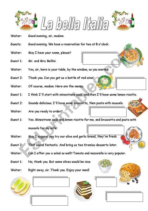 Italian Restaurant Esl Worksheet By Borna Worksheets Library