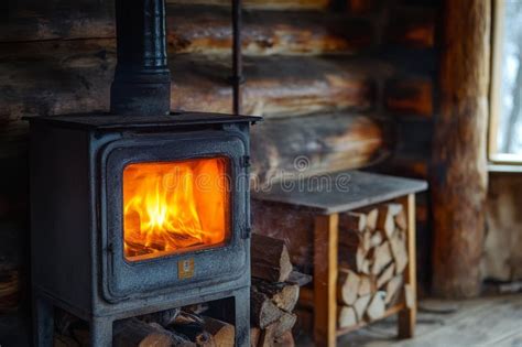 Cast Iron Wood Stove With Roaring Fire Inside Surrounded By Stacked
