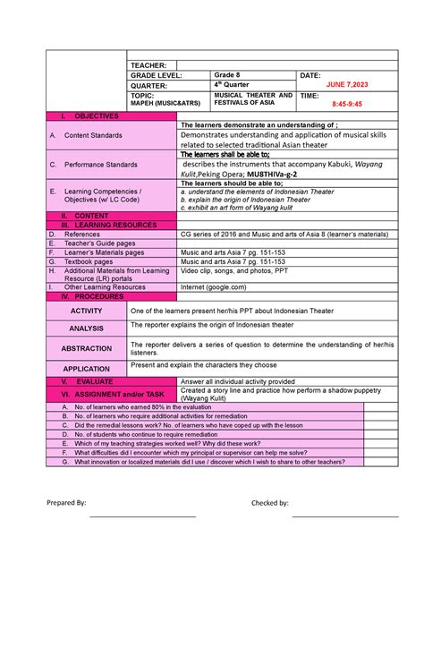 Lesson Plan Mapeh 8 Teacher Grade Level Grade 8 Date Quarter 4 Th