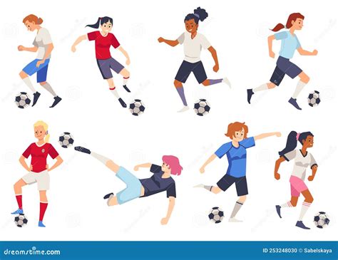 soccer female players characters set flat cartoon vector illustration
