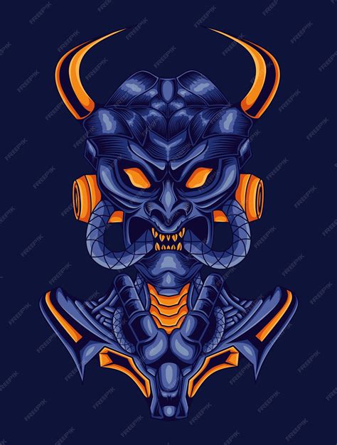 Рогатый череп в стиле меха, изолированный на синем | Премиум векторы