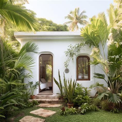 A White House Surrounded By Tropical Plants And Trees