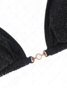 Zaful Glitter Sparkly Shimmer Faux Pearl Triangle String Tanga Bikini Set Swimwear In Black
