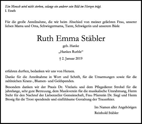 Traueranzeigen von Ruth Emma Stäbler stuttgart gedenkt de