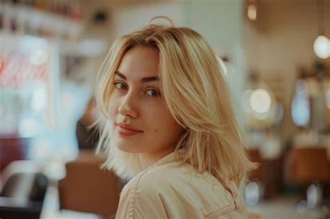 A Beautiful Blonde Model Woman In The Hairdresser Salon Gets A New Haircut Dyes Her Hair And