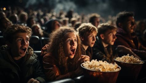 Young scared audience at the cinema watching an horror movie and ...