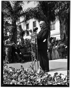 Los Angeles Mayor Fletcher Bowron Speaking On The Steps Of City Hall On