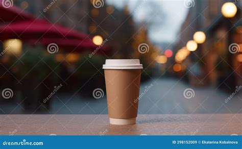Craft Paper Biodegradable Disposable Cup With Lid For Hot Drinks On A Wooden Table Of Street