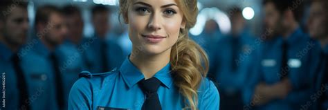 Blonde hübsche Flugbegleiterin in blauer Uniform im Flugzeug blickt freundlich im Querformat für